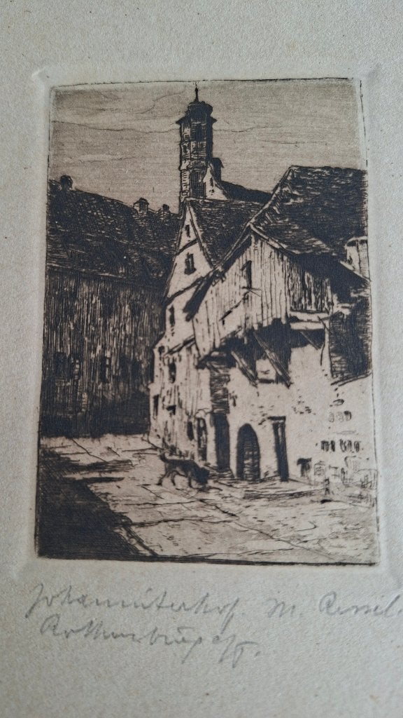 Arthur Thiele - Originele Ets 'Johanniterhof Rothenburg', Antiek en Kunst, Ets, Stadsgezicht, Ophalen of Verzenden, Ingelijst