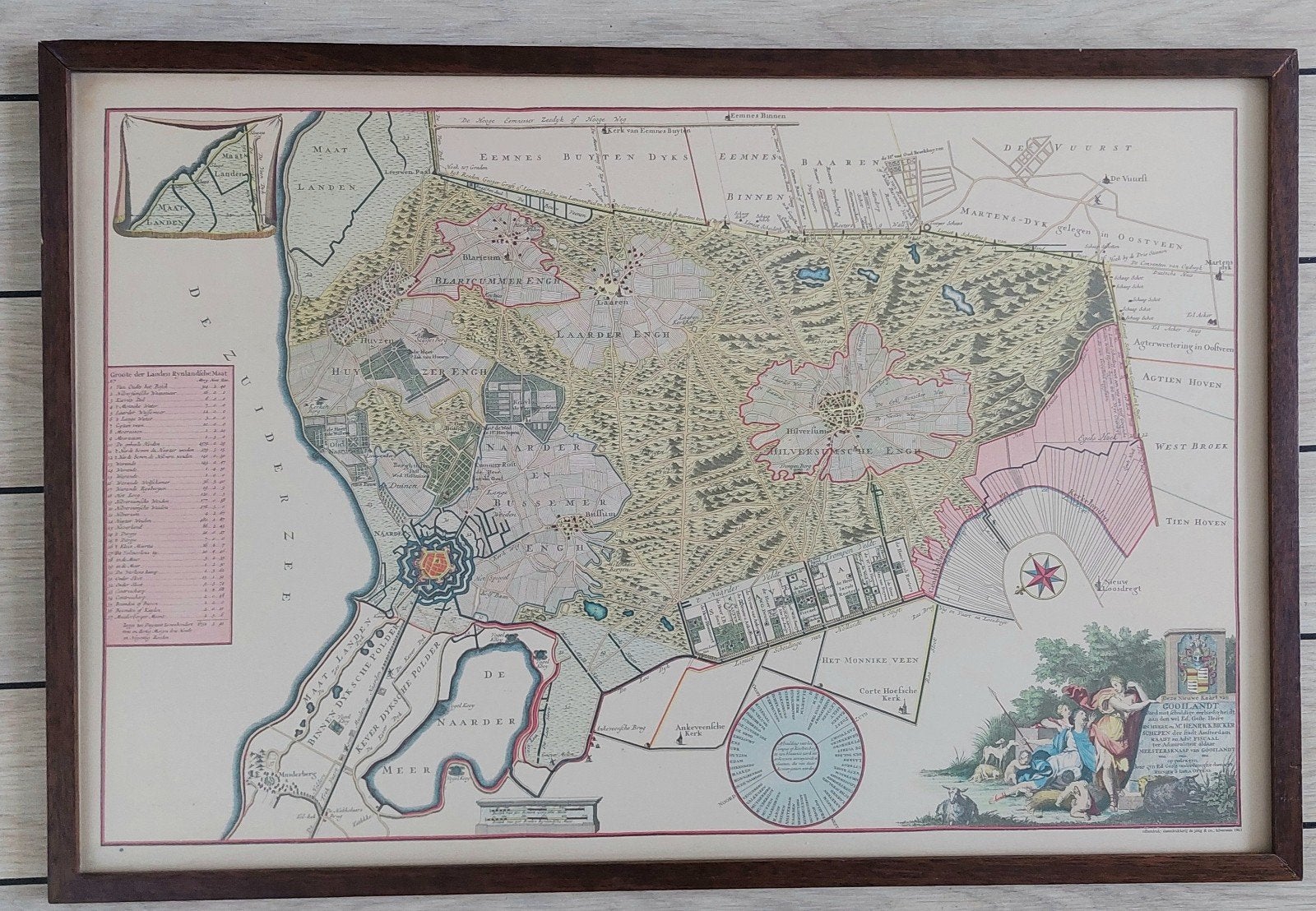 Ingelijste kaart: 't Gooi, Hilversum, Blaricum, Naarden, Boeken, Ophalen of Verzenden