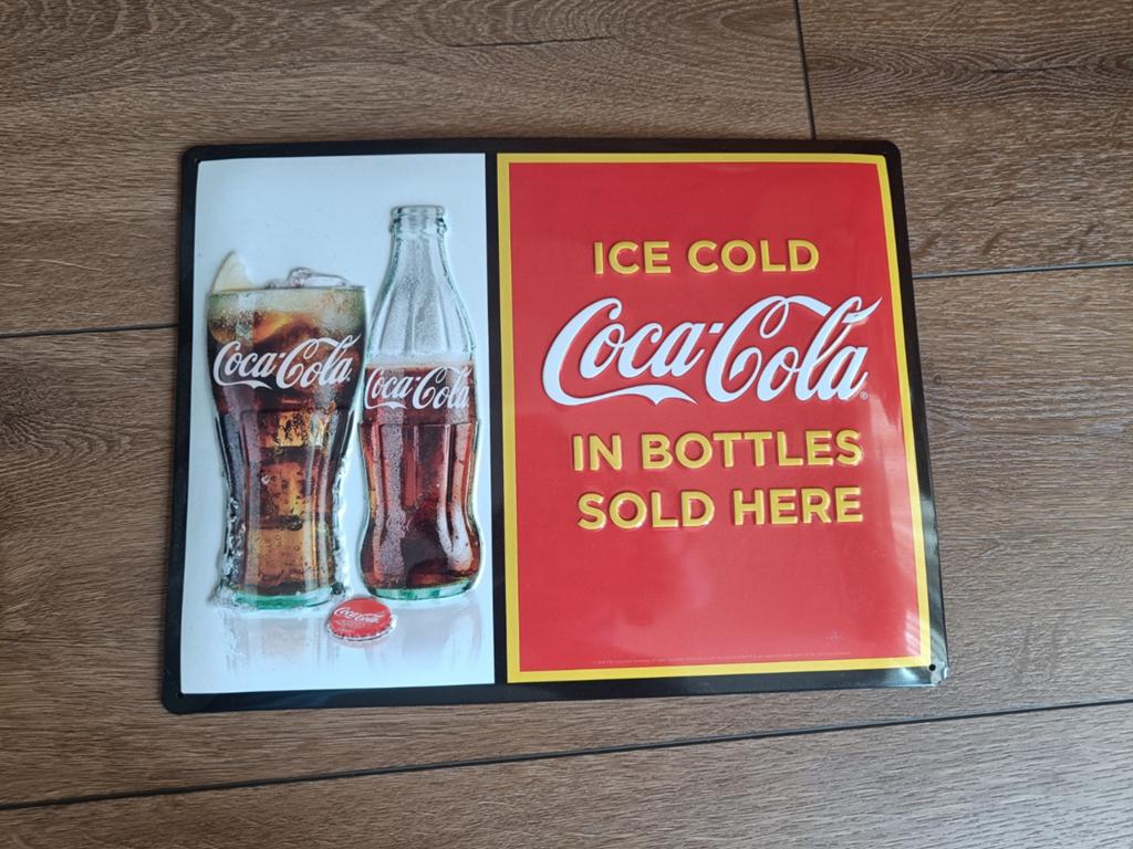Vintage Coca-Cola Reclamebord - Ice Cold in Bottles, Ophalen of Verzenden, Gebruikt, Reclamebord