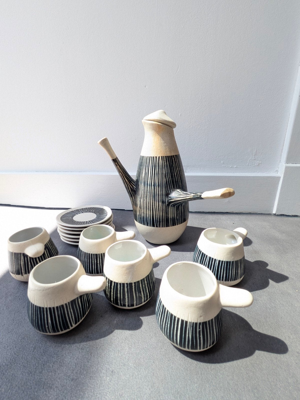 Vintage keramiek koffieservies - kan, 6 kopjes, 6 schotels, Ophalen of Verzenden