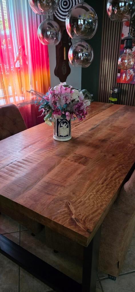 Mangohouten eettafel 220x100 cm met industriële U poten, Ophalen, 100 tot 150 cm, 200 cm of meer, Zo goed als nieuw