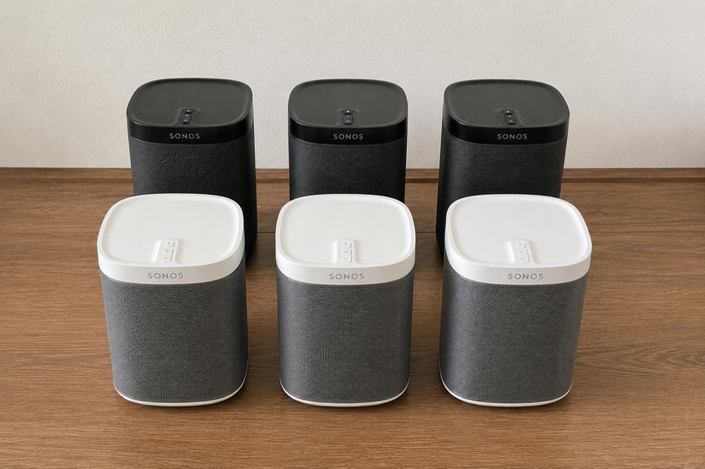 6x Sonos Play 1 speakers + 6x Flexson desk stands ✅, Ophalen, Zo goed als nieuw, Minder dan 60 watt, Sonos