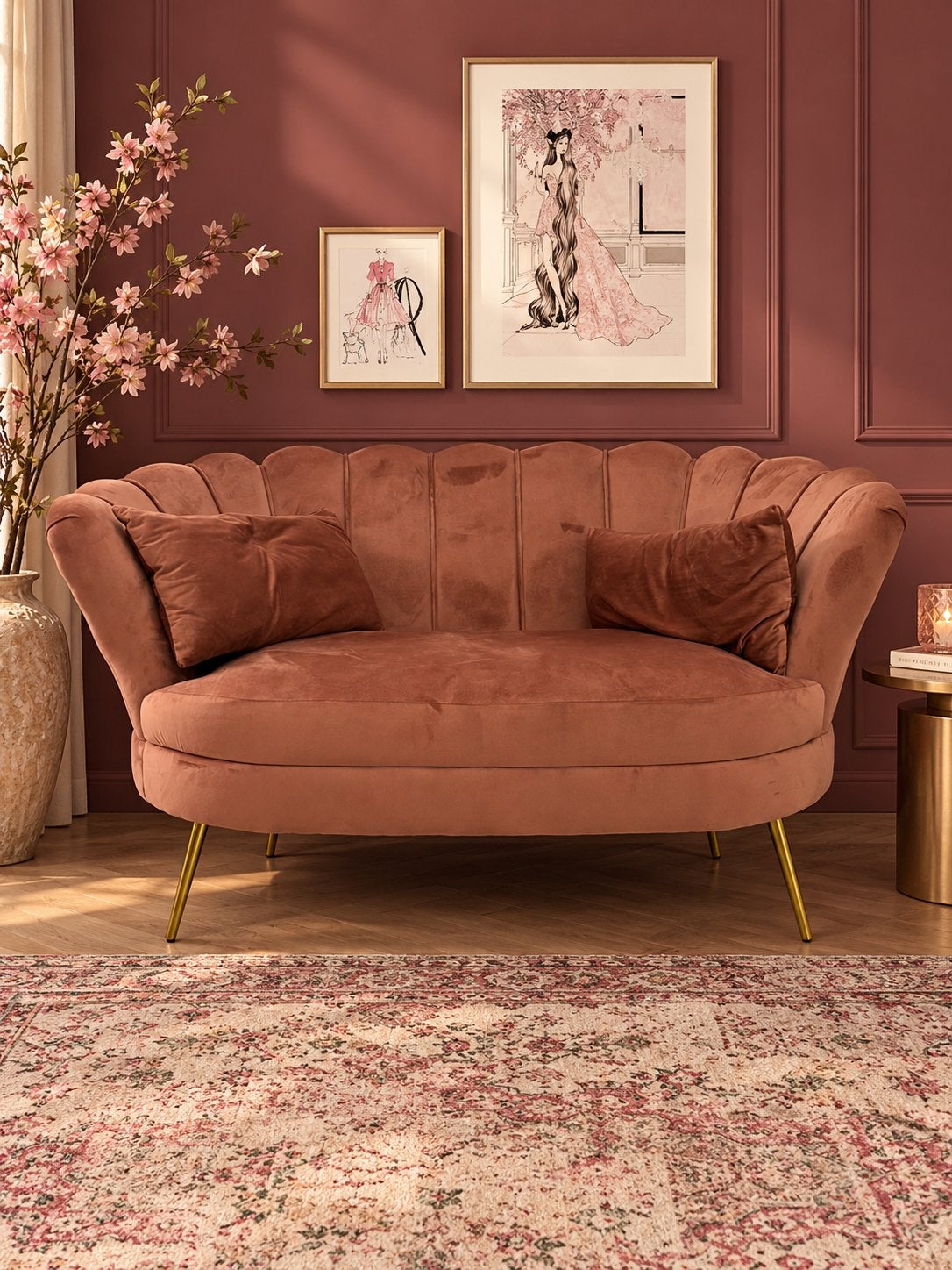 Roze velvet schelpbank / trouwbankje – gouden poten – zgan, Huis en Inrichting, Ophalen, 150 tot 200 cm, Tweepersoons, 75 tot 100 cm