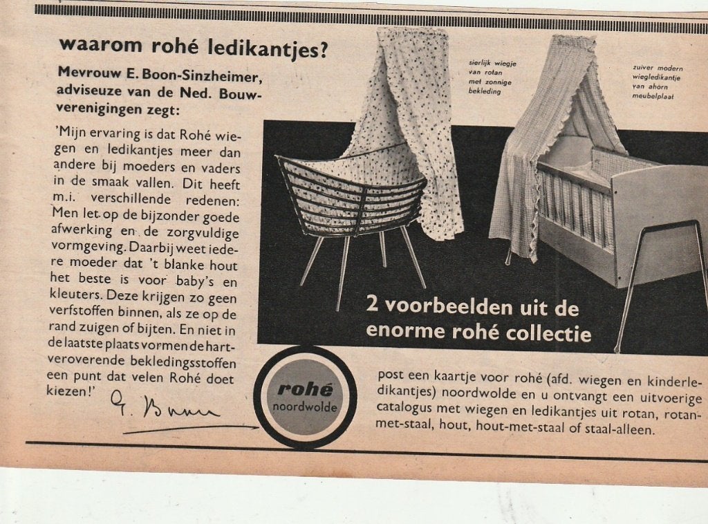 retro reclame 1958 Rohé ledikanten baby meubels, Verzenden, Overige typen
