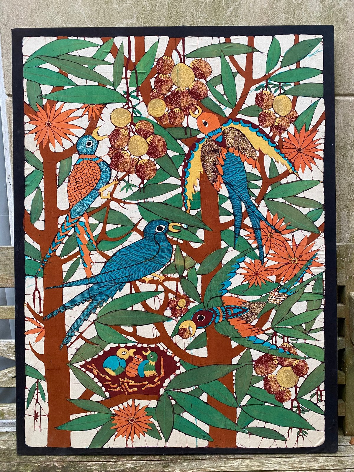 Tropische vogels - zijde op groot paneel, Huis en Inrichting, Ophalen, Zo goed als nieuw, Schilderij, Minder dan 50 cm