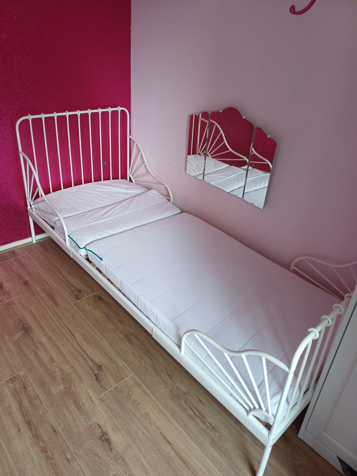 Wit metalen uitschuifbaar kinderbed met matras, Ophalen, Eenpersoons, Wit, 80 cm