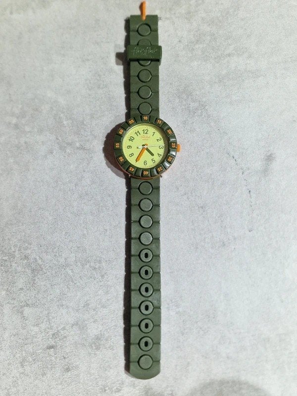 Vintage Flik Flak Horloge Groen/Oranje – Swiss Made, Ophalen of Verzenden, Gebruikt, Oranje, Jongen of Meisje