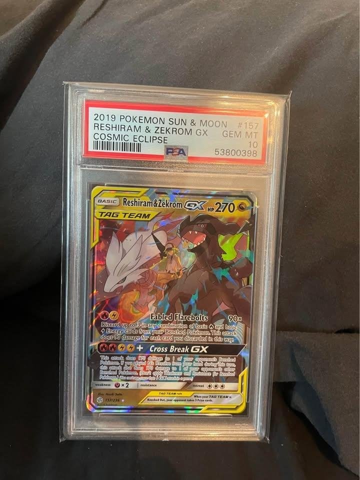 PSA 10 Reshiram & Zekrom GX (Cosmic Eclipse) Pokémon Kaart, Ophalen, Zo goed als nieuw, Losse kaart