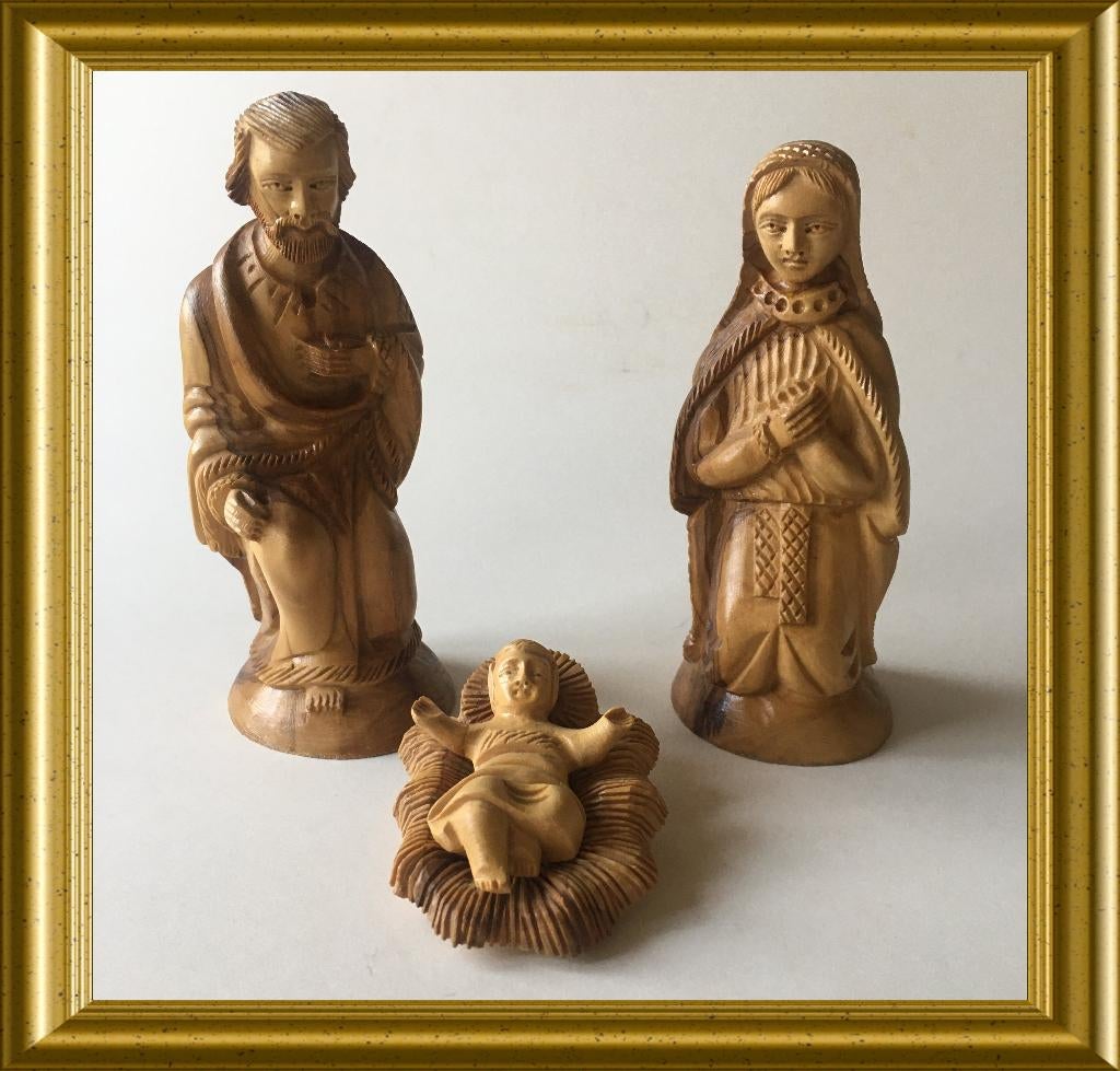 Houten kerstgroepje, nativity: Jozef, Maria, Jezus in kribbe, Gebruikt, Ophalen of Verzenden, Nvt, Nvt