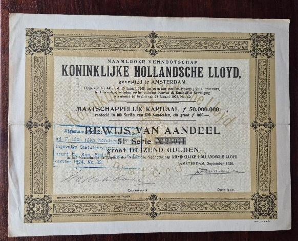 Koninklijk Hollandsche Lloyd aandeel 1920, Verzamelen, Ophalen, Gebruikt, Motorboot, Overige typen