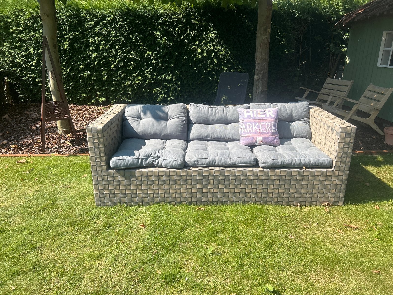 Loungebank met grijze kussens, Ophalen, Gebruikt, Textileen, 3 zitplaatsen