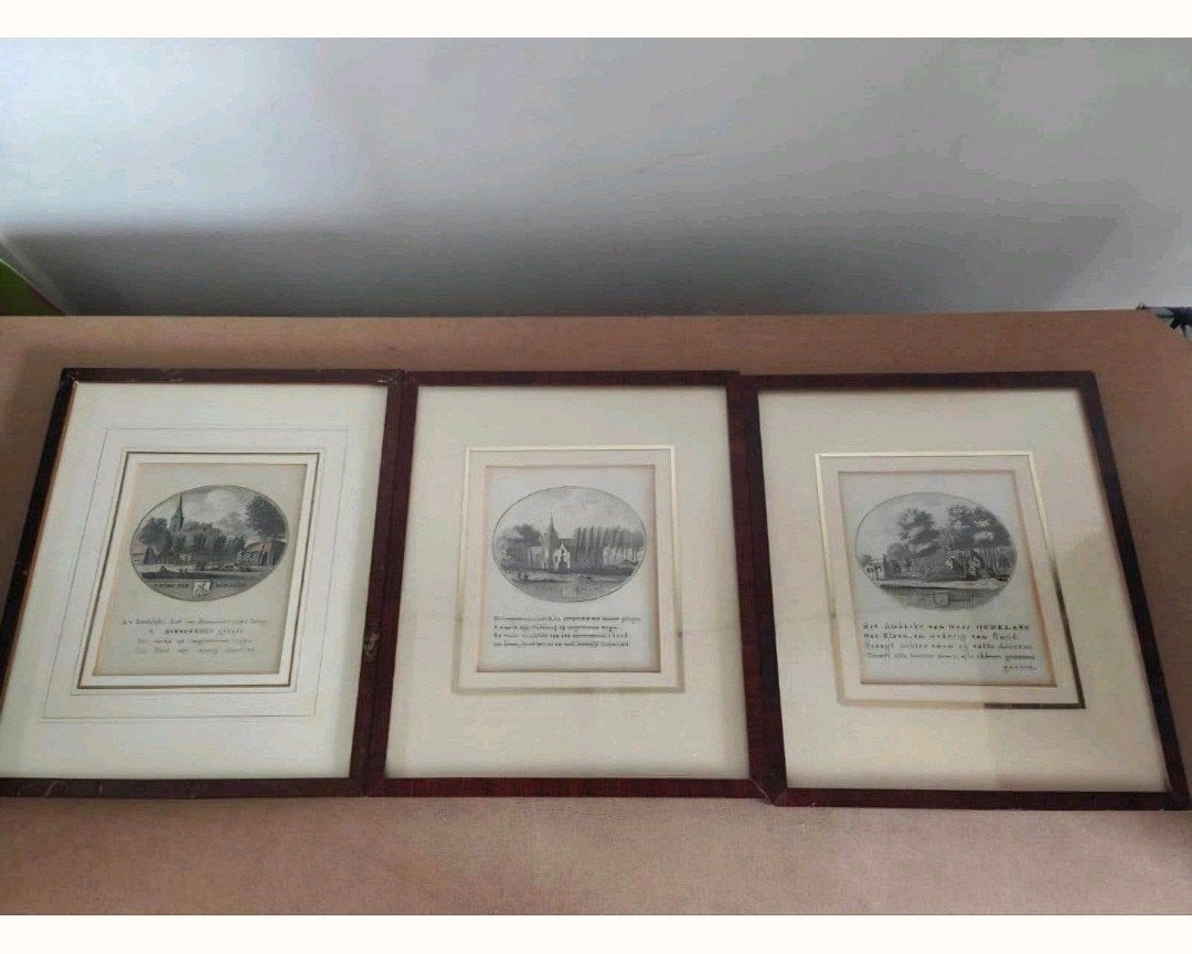 Drie antieke gravures van Hollandse dorpen, Ingelijst, 1800 - 1899, Stadsgezicht, Ophalen of Verzenden