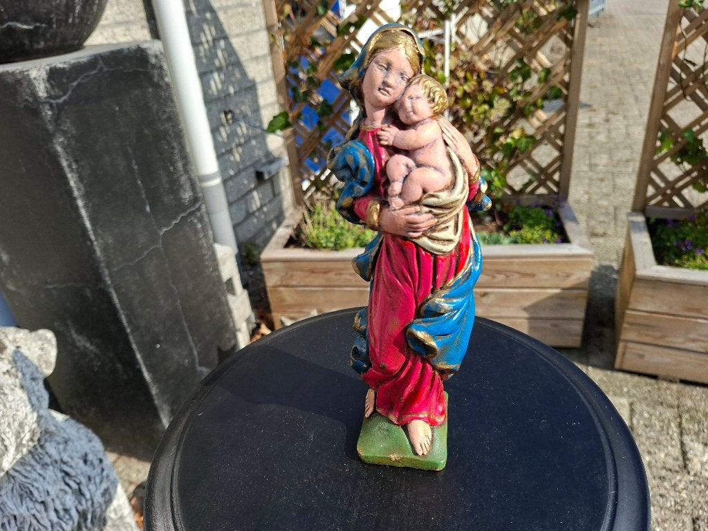 antiek mooie gekleurde maria beeld met baby christus, Ophalen of Verzenden