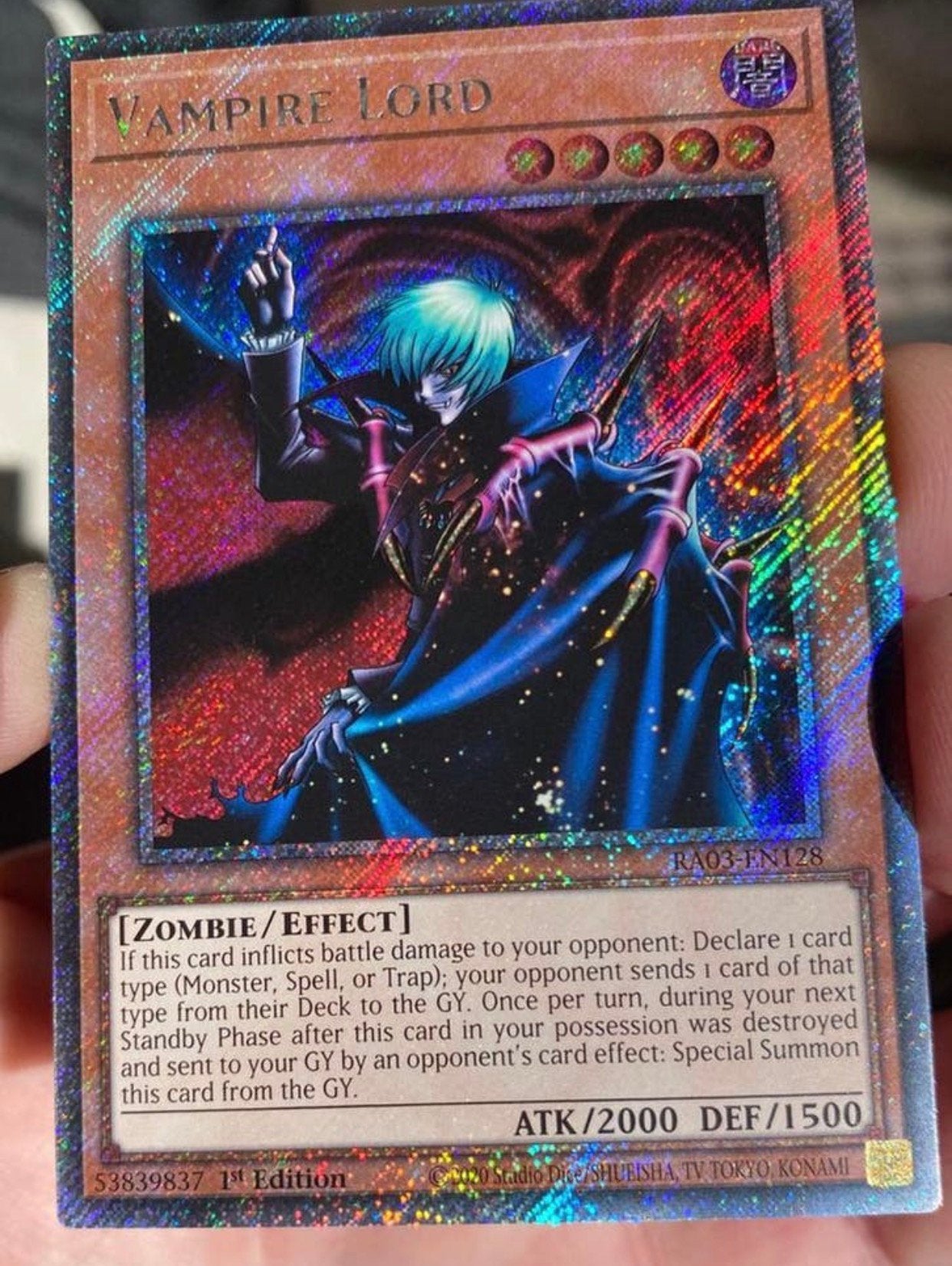 Yu-Gi-Oh! Vampire Lord RA03 1st Edition !, Ophalen of Verzenden, Zo goed als nieuw, Losse kaart, Foil