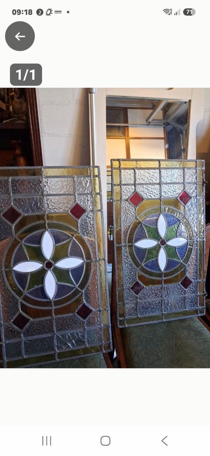 Set van 2 antieke glas in lood panelen - 72x44cm, Ophalen