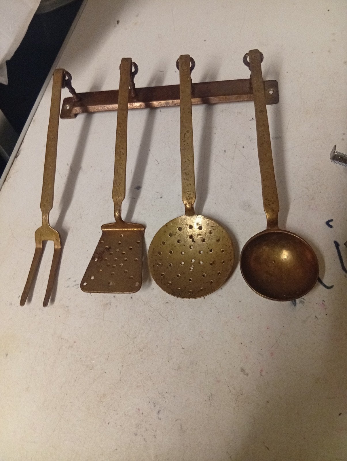Brocante koperen keukengerei set met rek, Antiek en Kunst, Ophalen of Verzenden