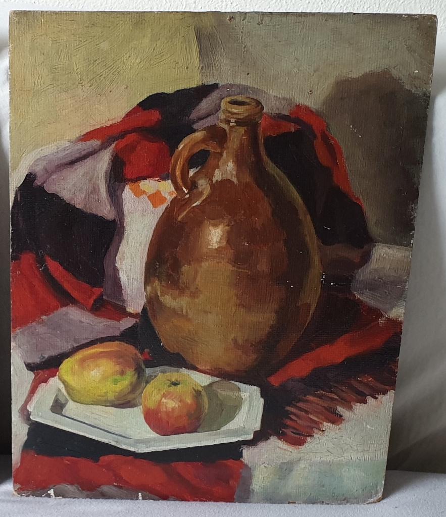 Antieke stillevens van een kruik met appels., Ophalen of Verzenden