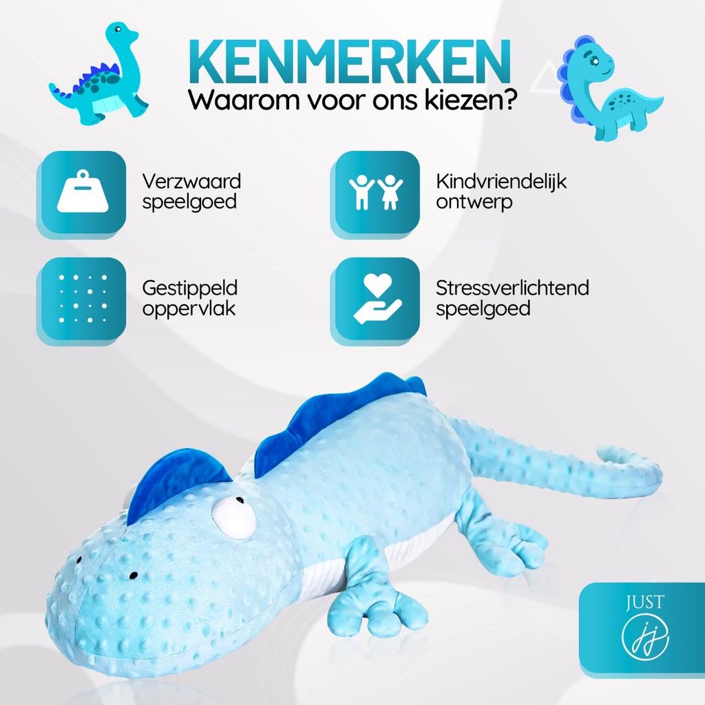 Grote Blauwe Dinosaurus Knuffel - Verzwaard en Stressverlage, Overige merken, Blauw, Ophalen of Verzenden, Zo goed als nieuw