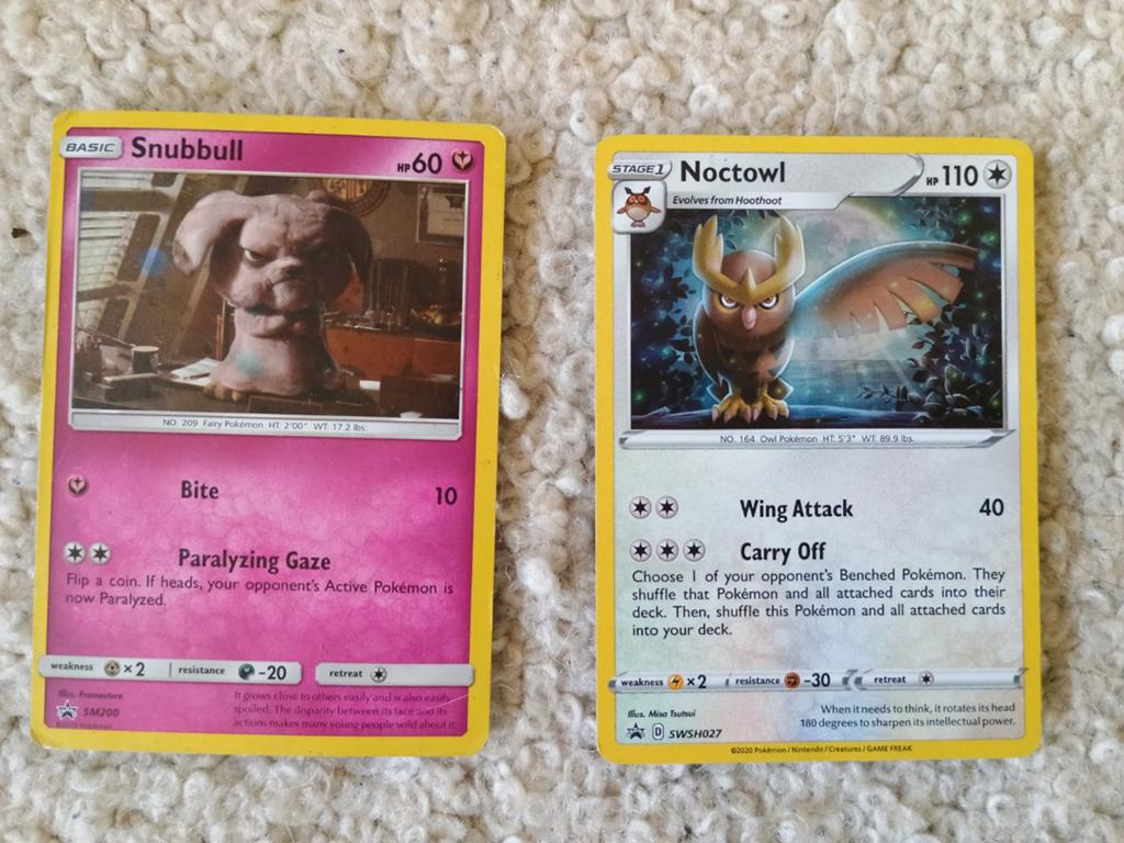 Kaarten snubbul holo sm200 en noctowl holo swsh027 pokemon, Ophalen of Verzenden, Zo goed als nieuw, Meerdere kaarten, Foil