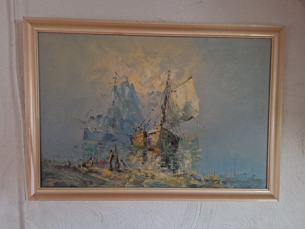 Schilderij van Schip olieverf op doek Patricia Cunningham, Antiek en Kunst, Ophalen of Verzenden, Maritiem / water