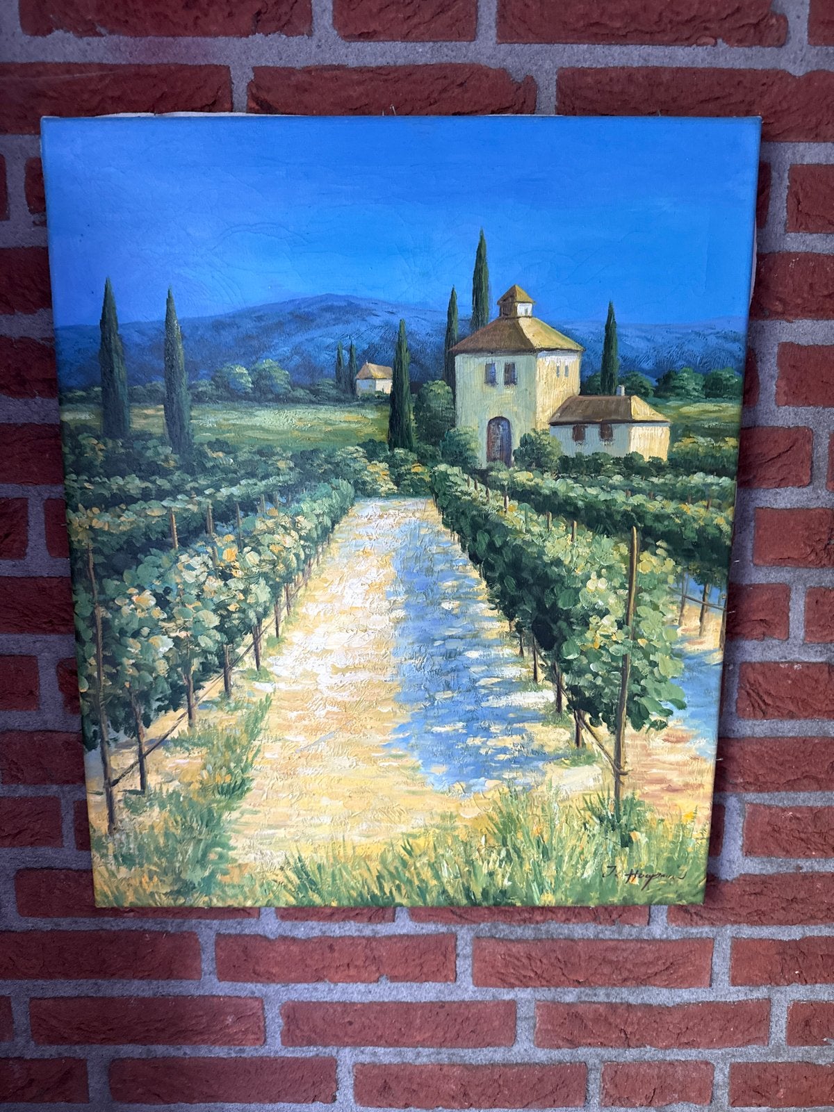 Schilderij: Toscaans Landschap met Wijngaard, Antiek en Kunst, Ophalen of Verzenden