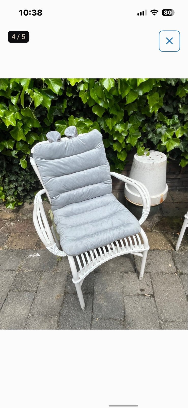 6 mooie witte tuinstoelen met kussens, Ophalen, Gebruikt, Kunststof, Stapelbaar