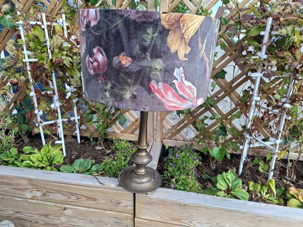 Antieke Koperen Lamp met Bloemenkap, Ophalen of Verzenden