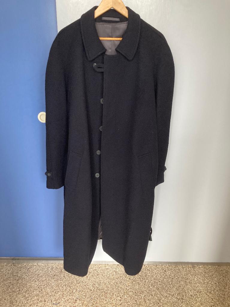 Lange donkerblauwe wollen heren jagersjas, Ophalen, Zo goed als nieuw, Maat 52/54 (L), Blauw