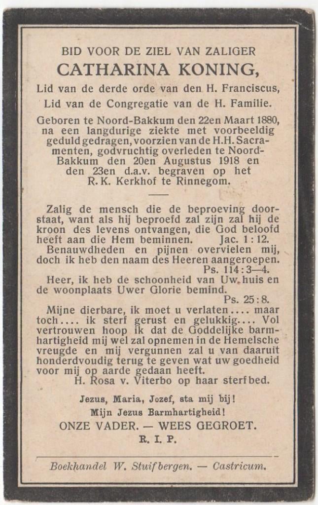 Catharina Koning 1880 - 1918 Noord-Bakkum, 38 jaar oud, Verzenden