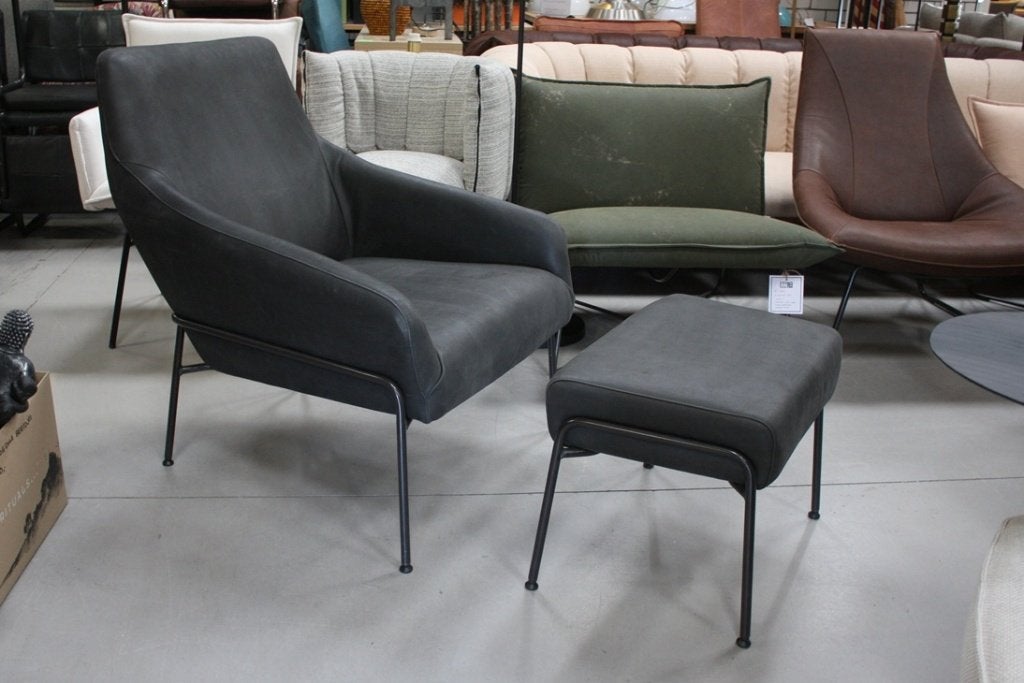 Luxe fauteuil + hocker JOLLY Jess Design echt leer antraciet, Huis en Inrichting, Ophalen, Minder dan 75 cm, Zo goed als nieuw