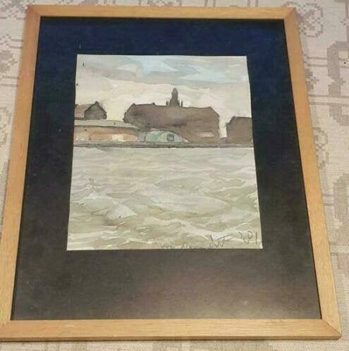 Aquarel grote kerk Haarlem Alkmaar water silhouet   WF., Ophalen