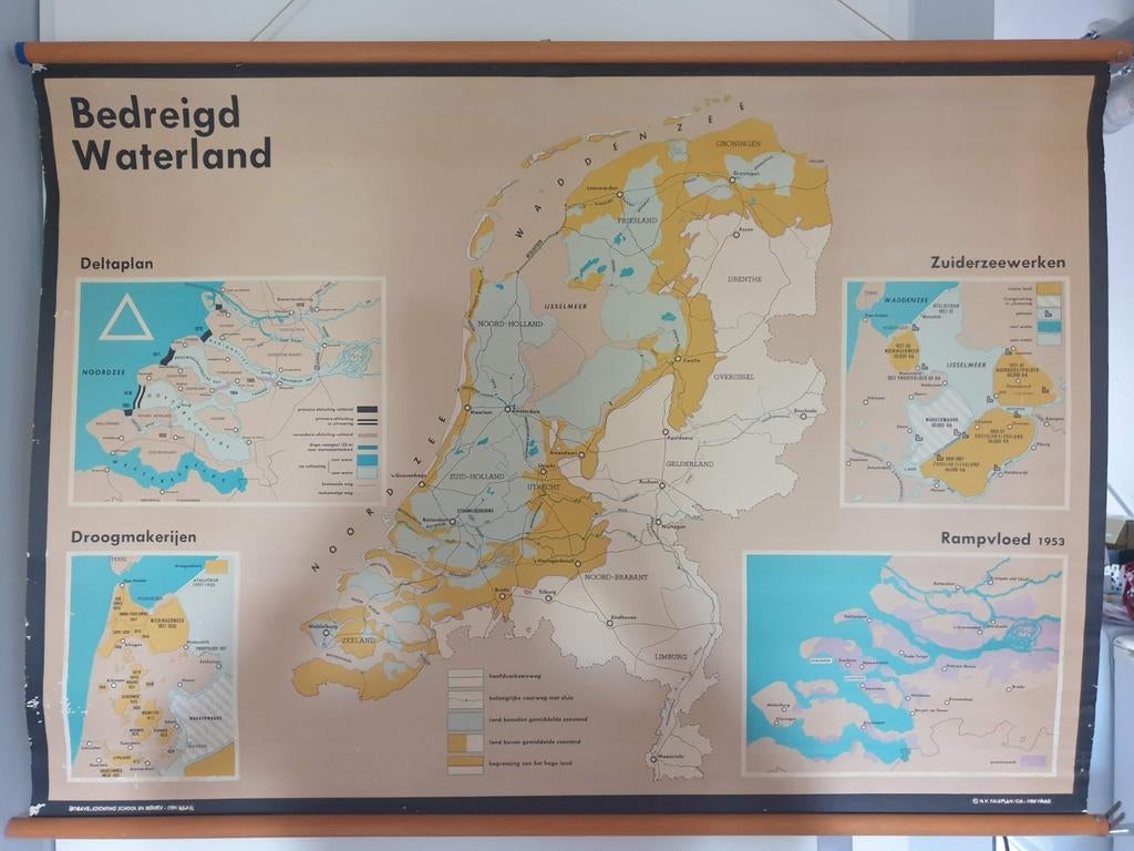 Bedreigd Waterland schoolkaart, Boeken, Ophalen of Verzenden, Landkaart, 1800 tot 2000, Nederland