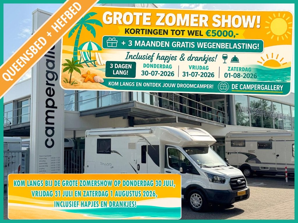 Benimar Tessoro 495 UP QUEENSBED + HEFBED XXL GARAGE 6.99M, Standaard zit, Ford, 6 tot 7 meter, Bedrijf