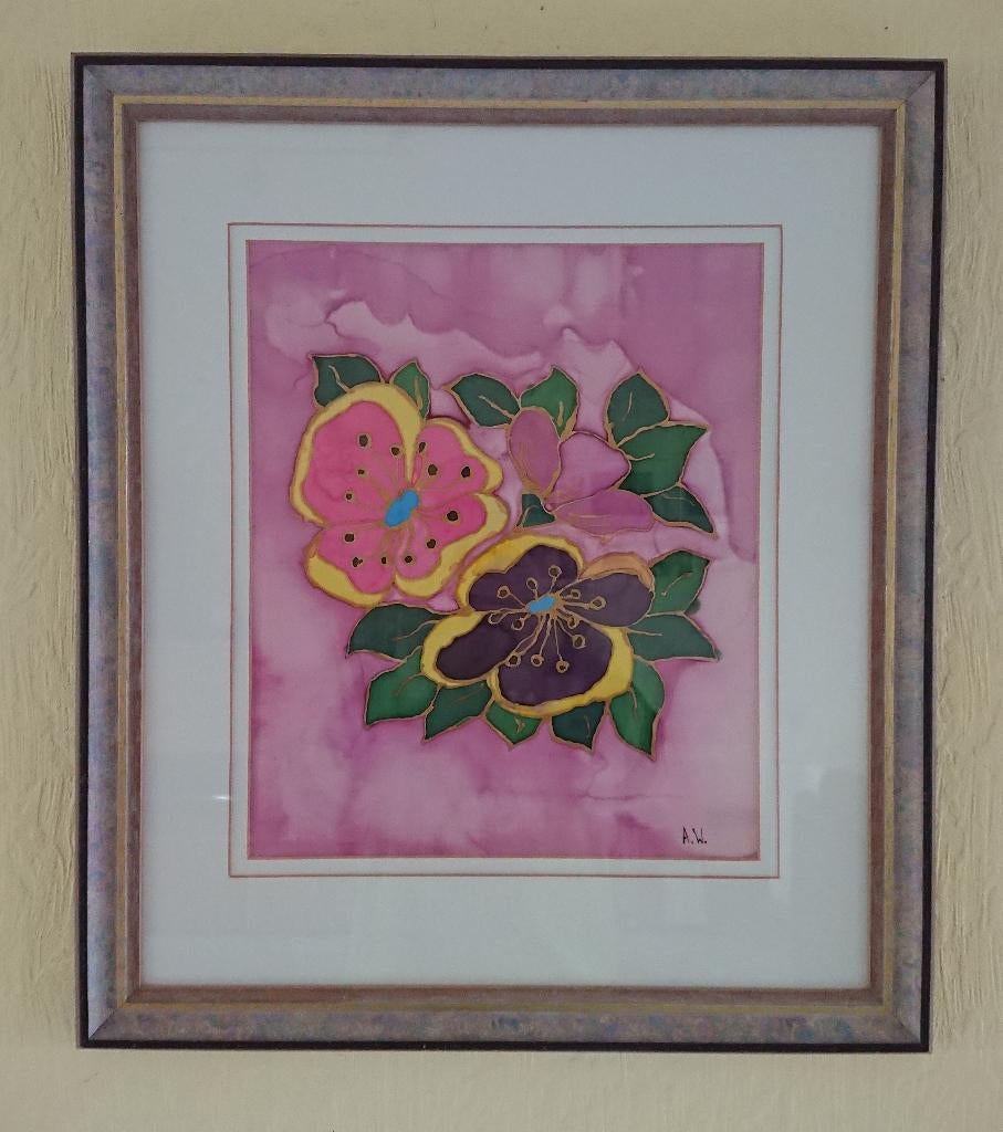 Schilderij zijde - A. W. - Bloemen - Houten lijst 58x50 cm, Antiek en Kunst, Kunst | Schilderijen | Klassiek, Ophalen