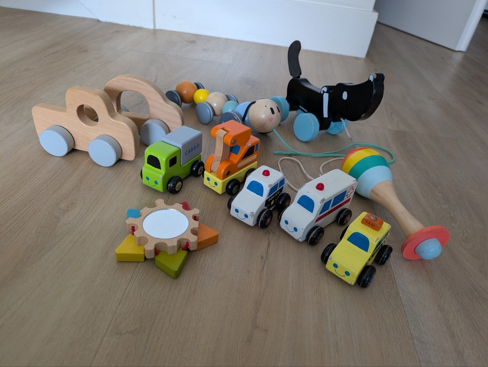 Leuk houten speelgoed pakket met Takkie, auto, ranmelaar, Ophalen, Gebruikt, Rij- of Hobbelspeelgoed