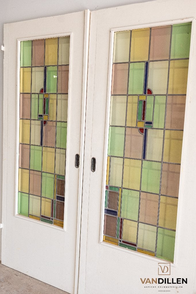 Fraaie oude ensuite vouwdeuren gekleurd glas in lood motief, 120 cm of meer, Binnendeur, Minder dan 200 cm, Ophalen of Verzenden