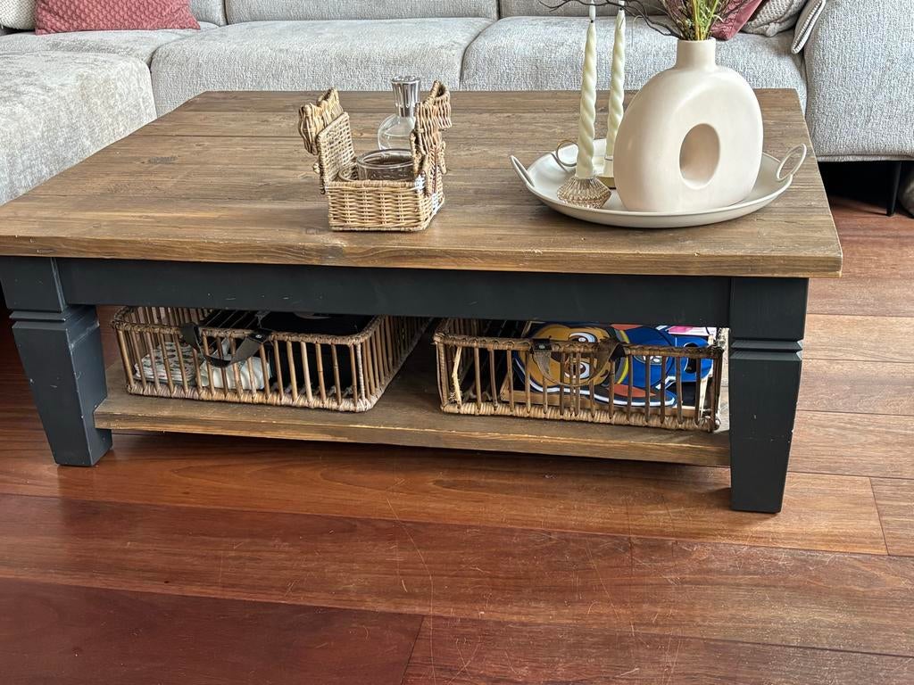 Landelijke salontafel met 2 losse manden, Gebruikt, 100 tot 150 cm, Eikenhout, Landelijk