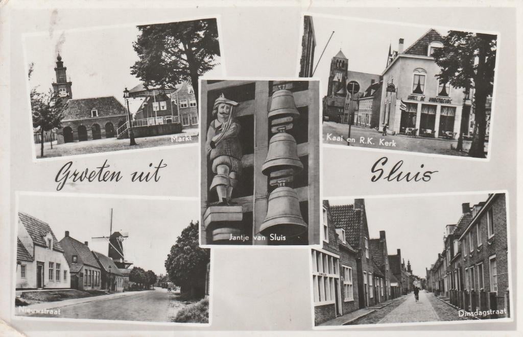 SLUIS Markt Nieuwstraat Jantje Kaai Dinsdagstraat Groeten, Verzenden, 1940 tot 1960, Gelopen, Zeeland
