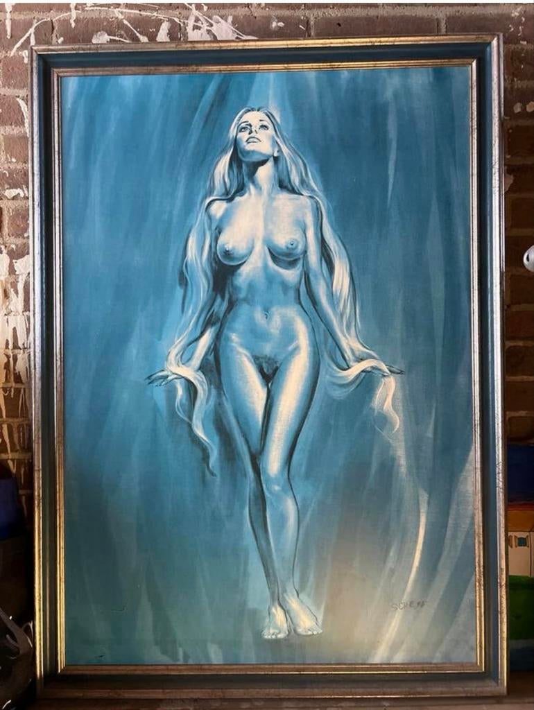 Vintage Schilderij: Naakte Vrouw in Blauwtinten, Ophalen of Verzenden