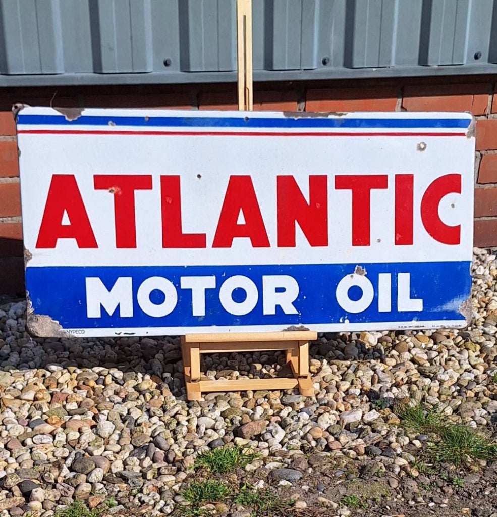 Stoer en antiek emaille bord van ATLANTIC MOTOR OIL️⛽️, Reclamebord, Gebruikt, ., Ophalen of Verzenden
