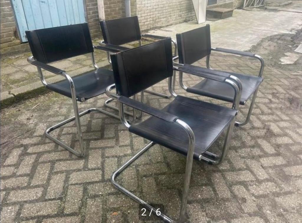 Vintage Bauhaus buisframe stoelen zwart leer, Ophalen, Zwart, Leer, Zo goed als nieuw