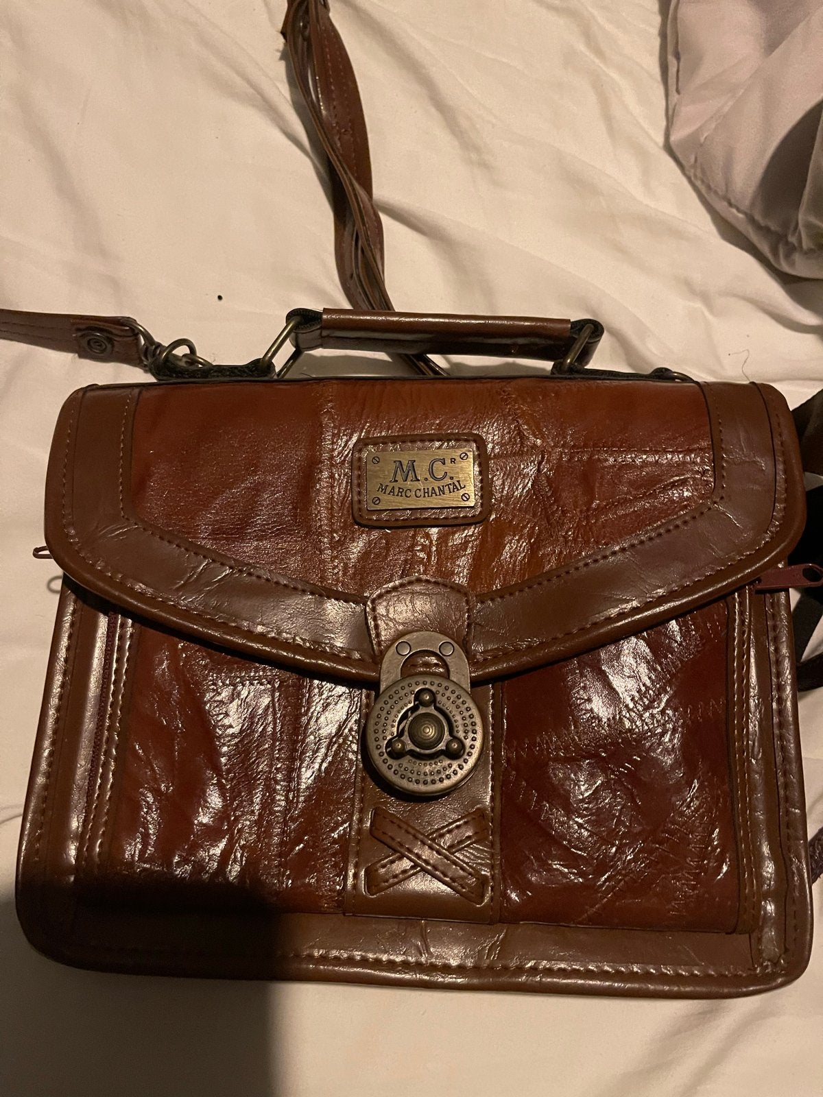 Vintage bruine leren schoudertas M.C. Marc Chantal, Ophalen of Verzenden, Gebruikt, Bruin, Schoudertasje