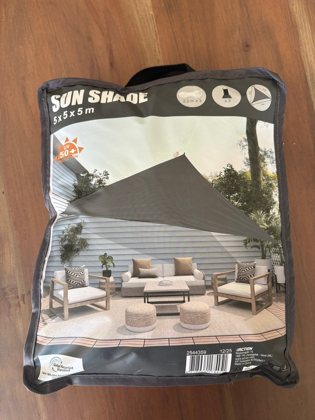 Zonnescherm doek driehoek 5x5x5 m - UV 50+ bescherming, Tuin en Terras, Zonneschermen, Overige typen, 450 cm of meer, Nieuw, Ophalen of Verzenden