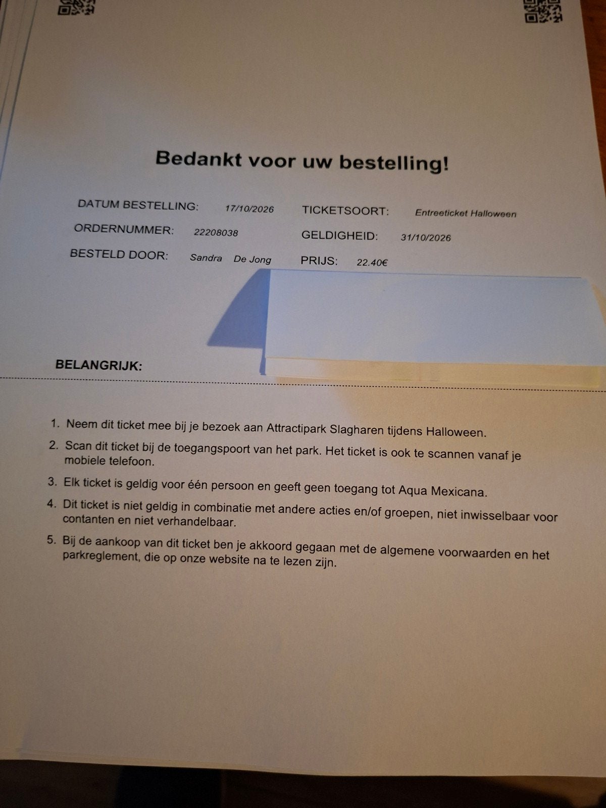 1 dagticket slagharen op 31 oktober, Eén persoon, Ticket of Toegangskaart