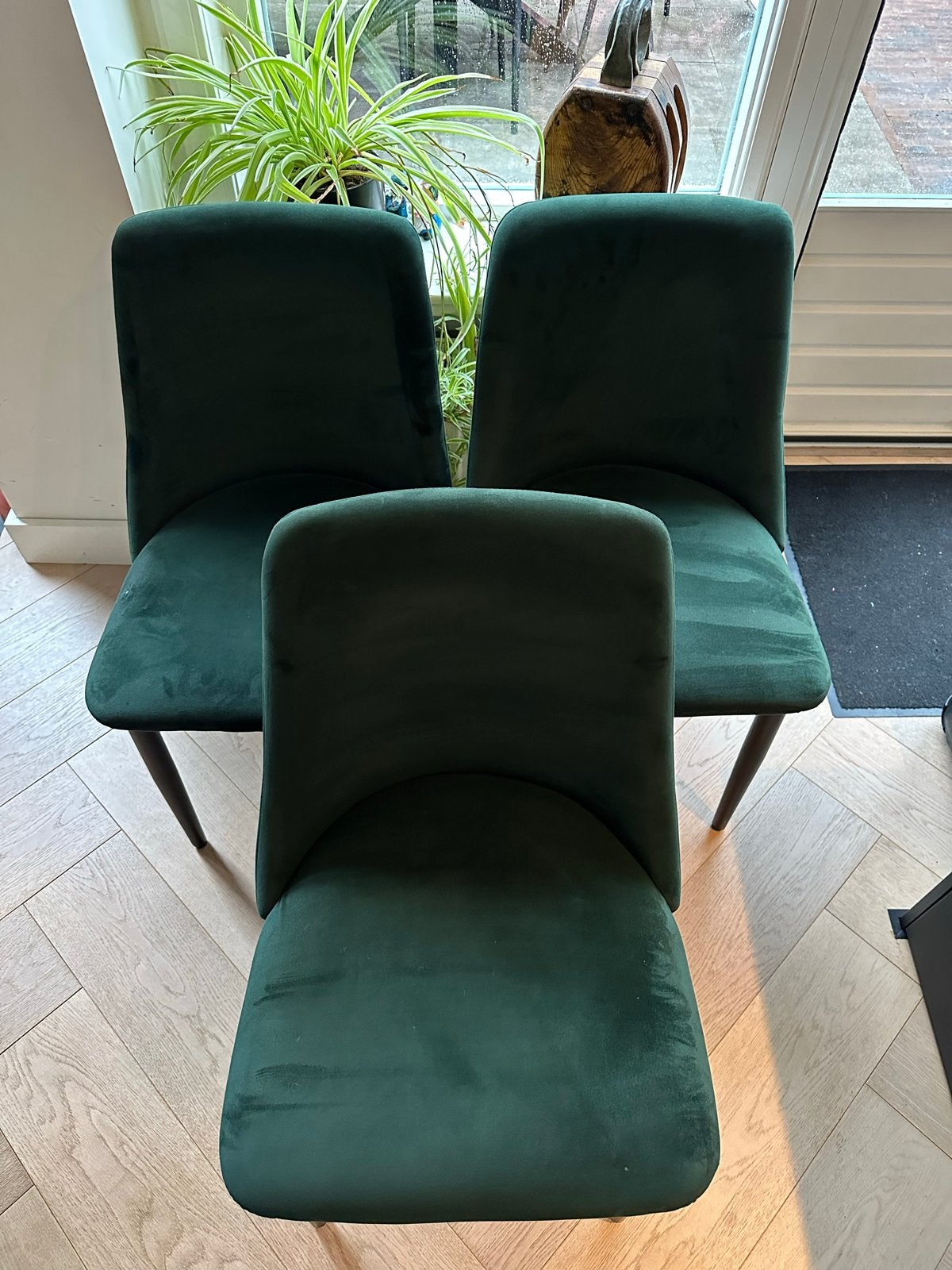 Set van 3 donkergroene fluwelen eetkamerstoelen, Ophalen, Overige kleuren, Drie, Zo goed als nieuw
