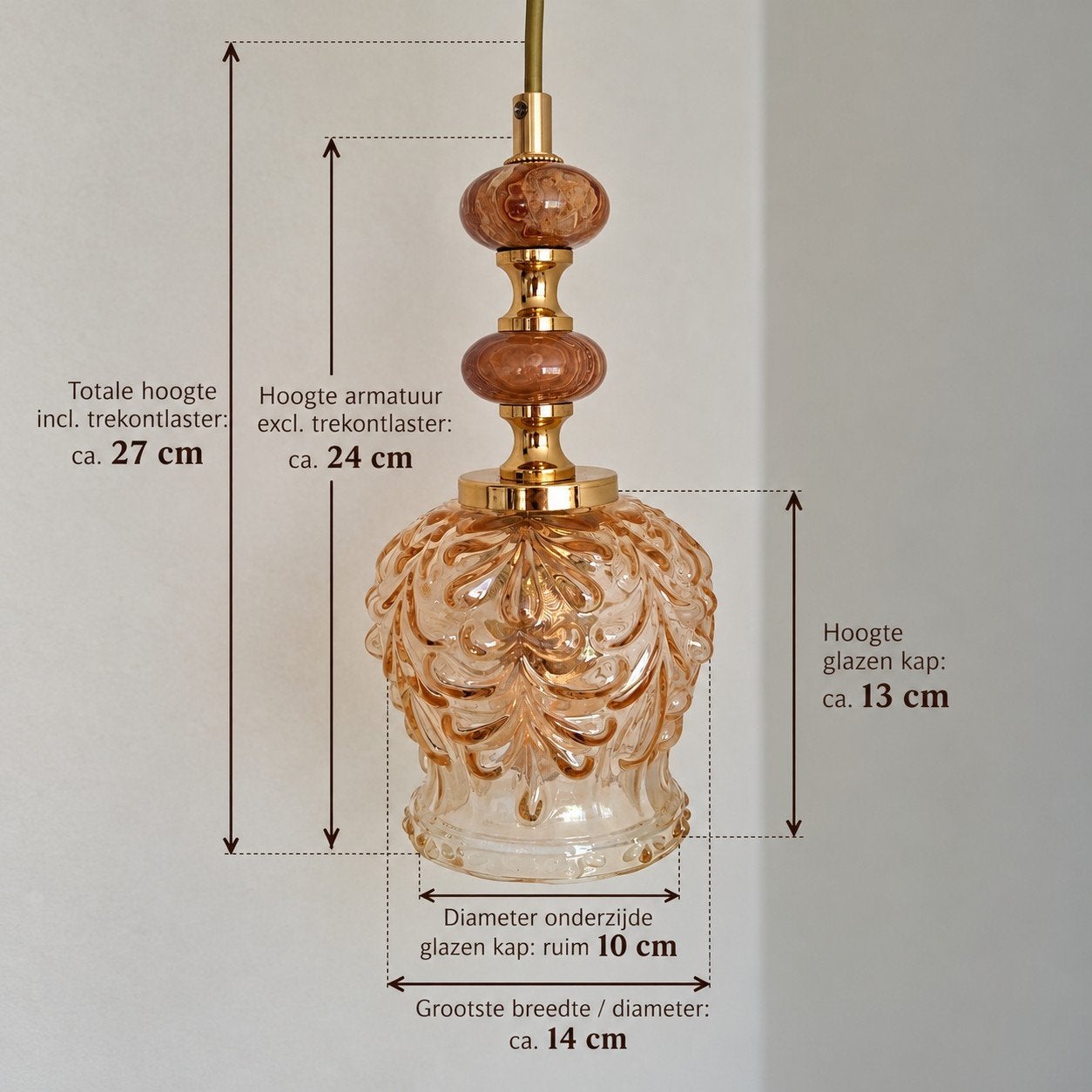 Unieke vintage glazen hanglamp – messing/amber/bruin, Gebruikt, Vintage, Glas, E27 (groot)