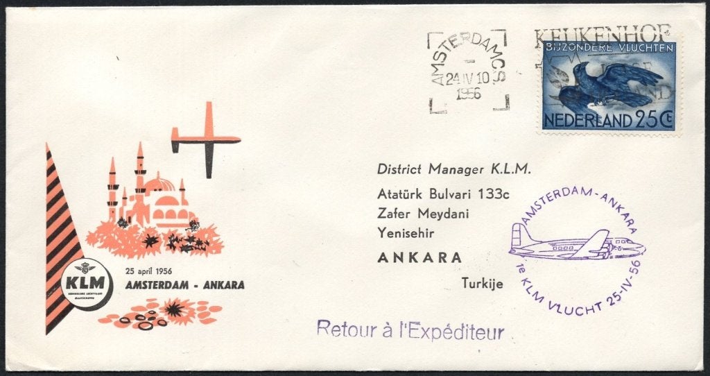 1e KLM vlucht Ankara Turkije 1956, Verzenden, Envelop