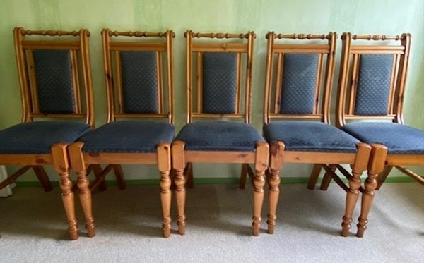 5 houten eetkamerstoelen, Ophalen, Gebruikt, Bruin, Stof