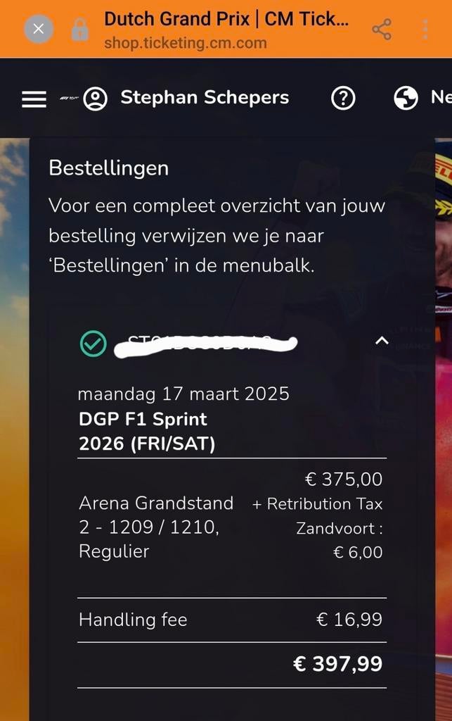 2 F1 kaarten. 1 Vrijdag 1 Zaterdag (Arena Grandstand), Ophalen, Formule 1