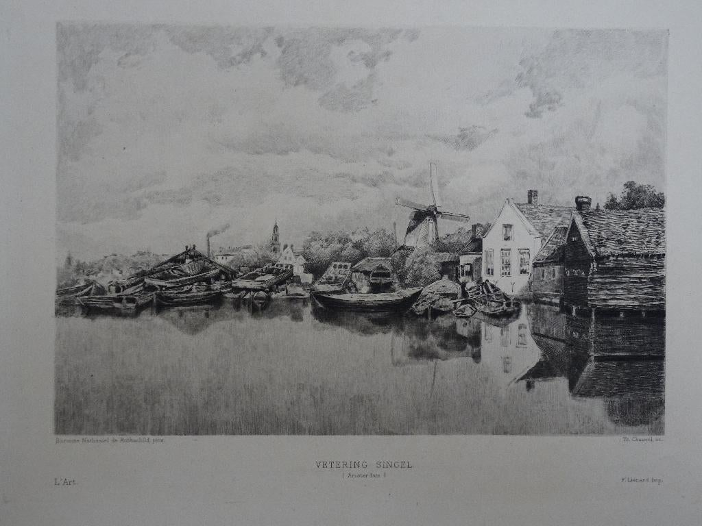 Gravure Wetering Singel Amsterdam T.N. Chauvel, 19e eeuw, Antiek en Kunst, Kunst | Etsen en Gravures, 1800 - 1899, Verzenden, Stadsgezicht